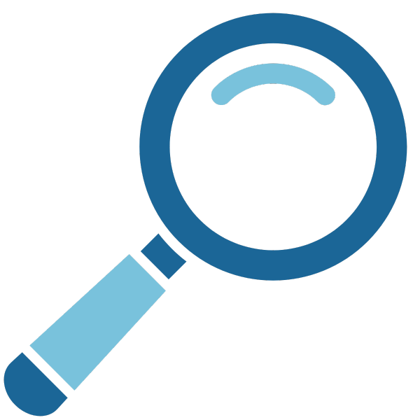 Evaluating light & dark blue magnifying glass icon