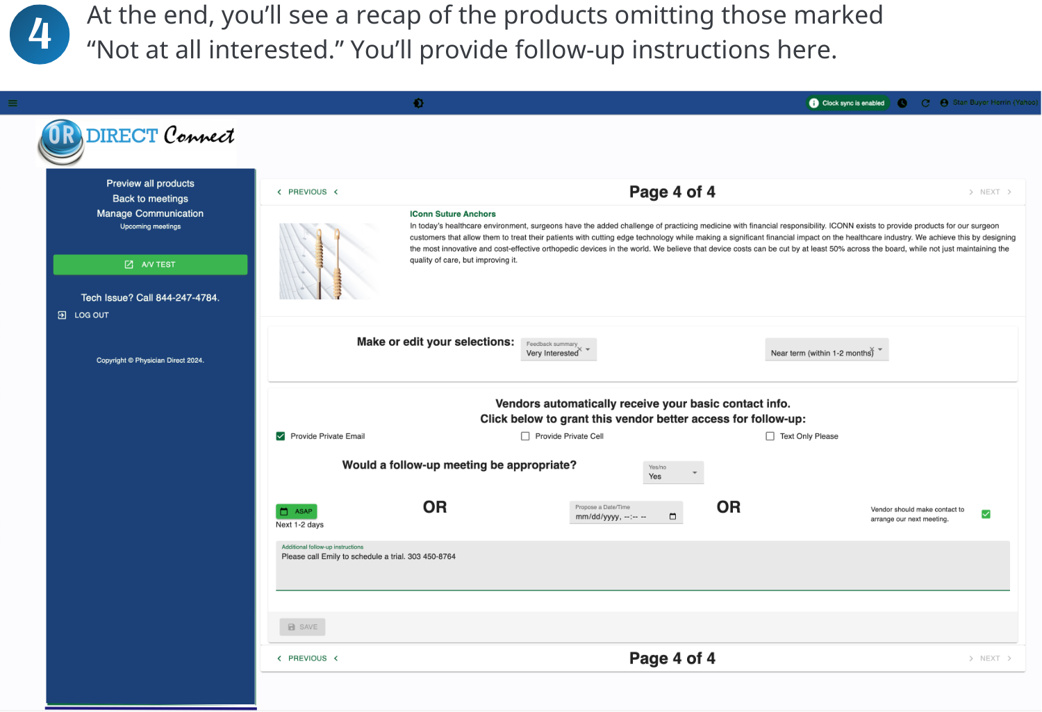 screenshot of third screen for OR Direct Connect asking if doctor wants follow-up meeting
