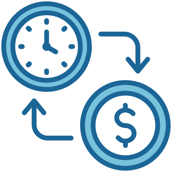 Rewarding blue clock and money symbol pointing at/rewarding each other
